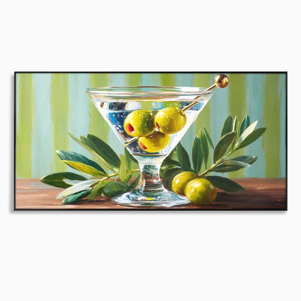 Tablou canvas cu pictura cu pahar martini si masline, in rama de aluminiu negru